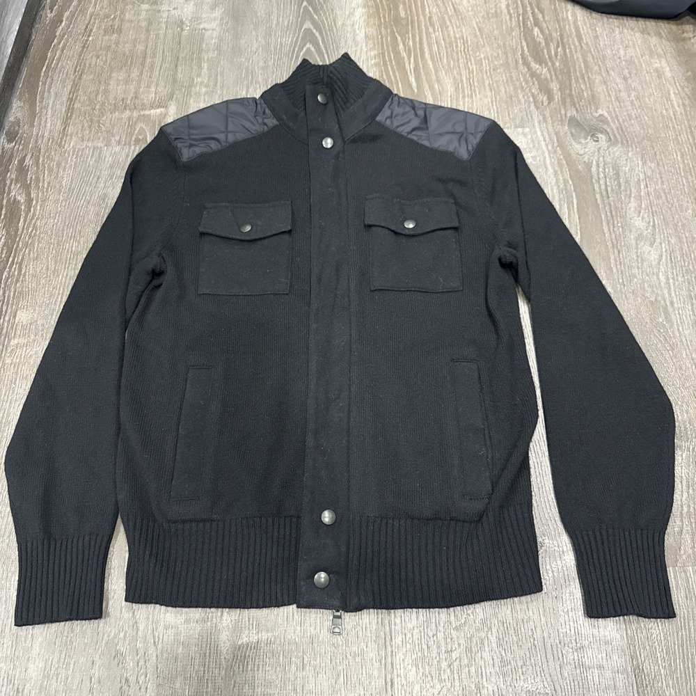 Banana Republic Quilted Bomber Jacket Men's M Black Zip Merino Wool Blend Snap
